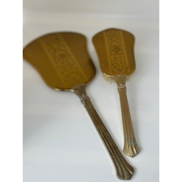 VTG Handheld Vanity Mirror & Brush Set Gold-Toned Floral Ornate Design Hollywood - Picture 1 of 7